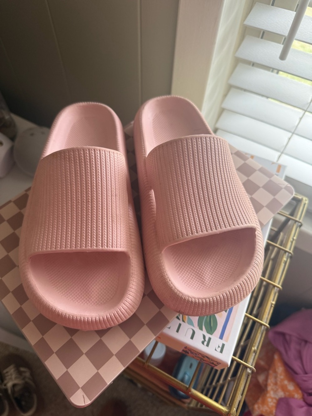 Pink slide on shoes